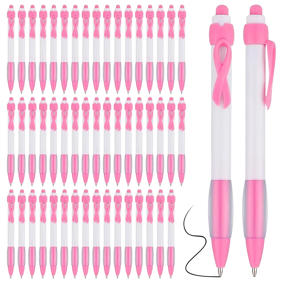 50 шт. Розовая ленточная ручка Обваленная, черные чернила выдвижные шариковые ручки для офисного снабжения женской девочки подарок