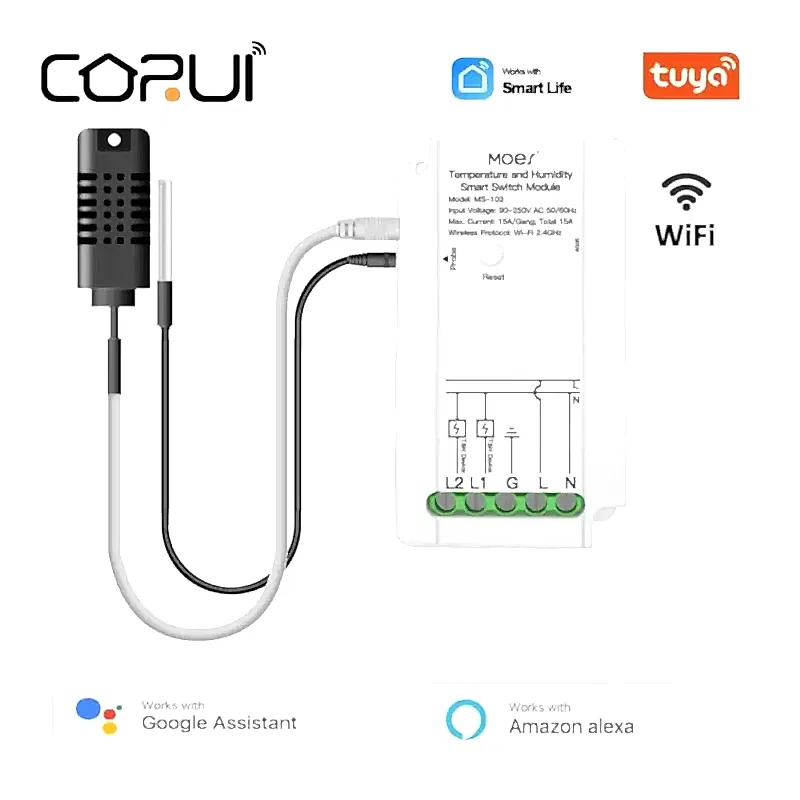 Corui Tuya Wi -Fi Smart Tempret Tremation Whirly Switch Sensor Sensor Dual Relay Вывод беспроводной контроллер работа с Alexa Google