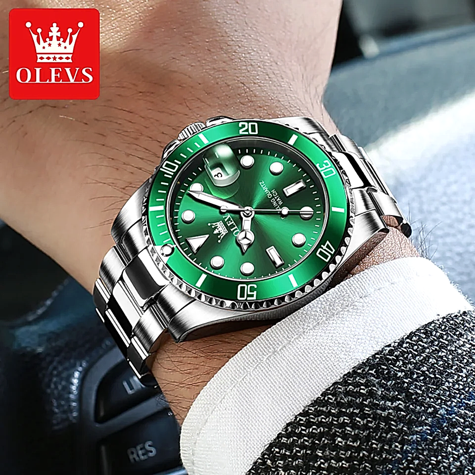 Olevs Classic Green Mens Watch Top Brand Luxury Watch для мужчины из нержавеющей стали водонепроницаемые кварцевые часы Relogio Masculino