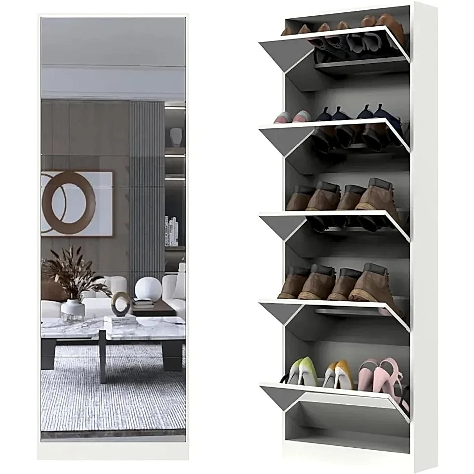 Шкаф для обуви, высокая стойка для обуви с зеркалом в полно длине, 5 уровней узкой шкаф для хранения обуви, скрытая обувная стойка
